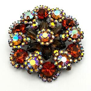 Juliana D&E Amber Topaz AB Rhinestone Brooch 2.5" Japanned Floral Book Piece
